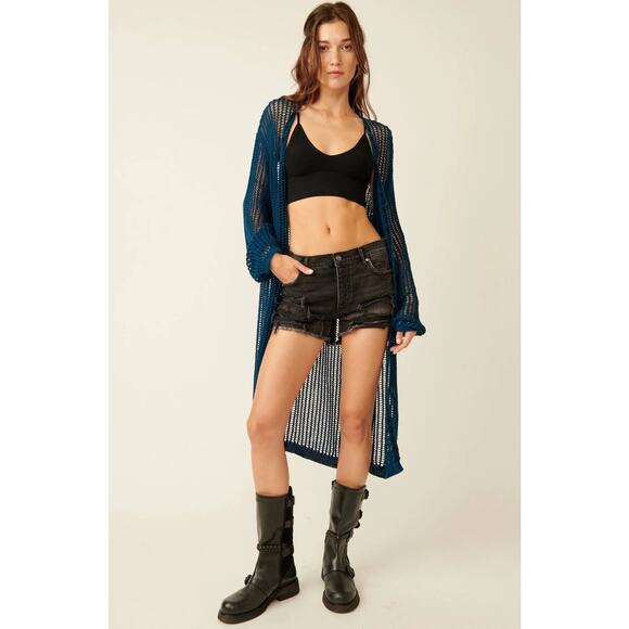 Free People Women's Blue Lattice Open Knit Tie Front Boho Cardigan Size Medium - Picture 1 of 12